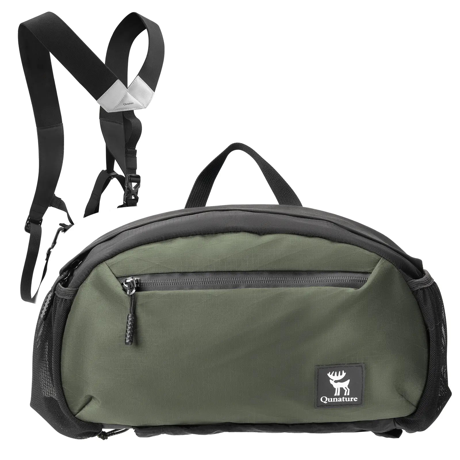 Green and black crossbody bag with adjustable straps on a white background