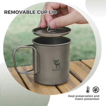 Metal mug with removable cup lid on a wooden surface, featuring the Qunature brand.