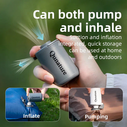 Hand holding a Qunature device with text about its functions on a green background