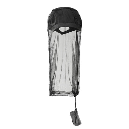 Black insect repellent hood with mesh design on a white background