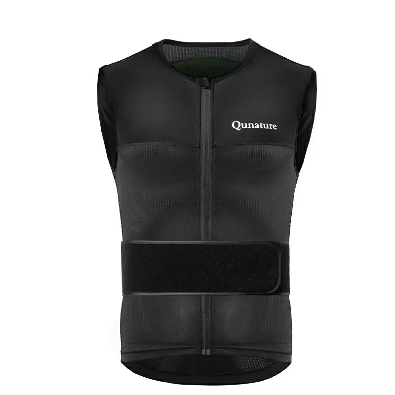 A black ski back vest with a front zipper and the brand 'Qunature' written on the upper front.