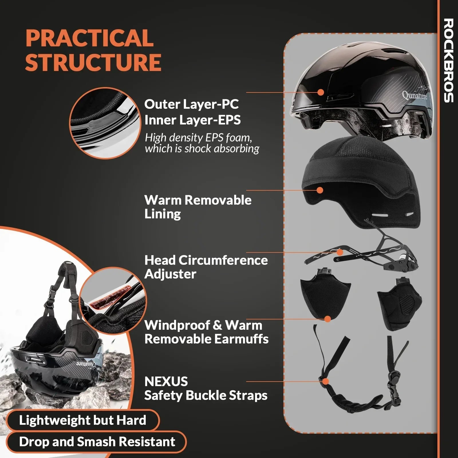 A black Qunature ski helmet with adjustable ventilation and a detachable liner, designed for winter sports#Color_Shiny Black
