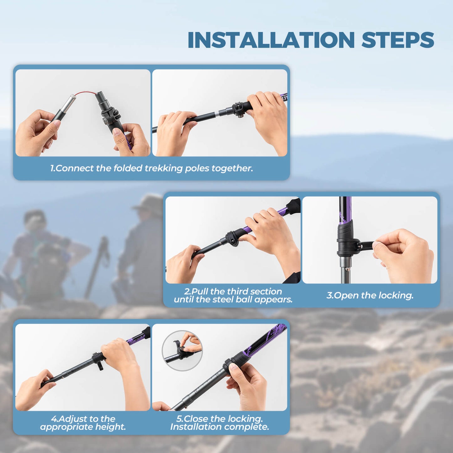 Qunature lightweight foldable trekking poles adjustable from 110 to 130cm, ideal for hiking, walking, and mountain adventures.