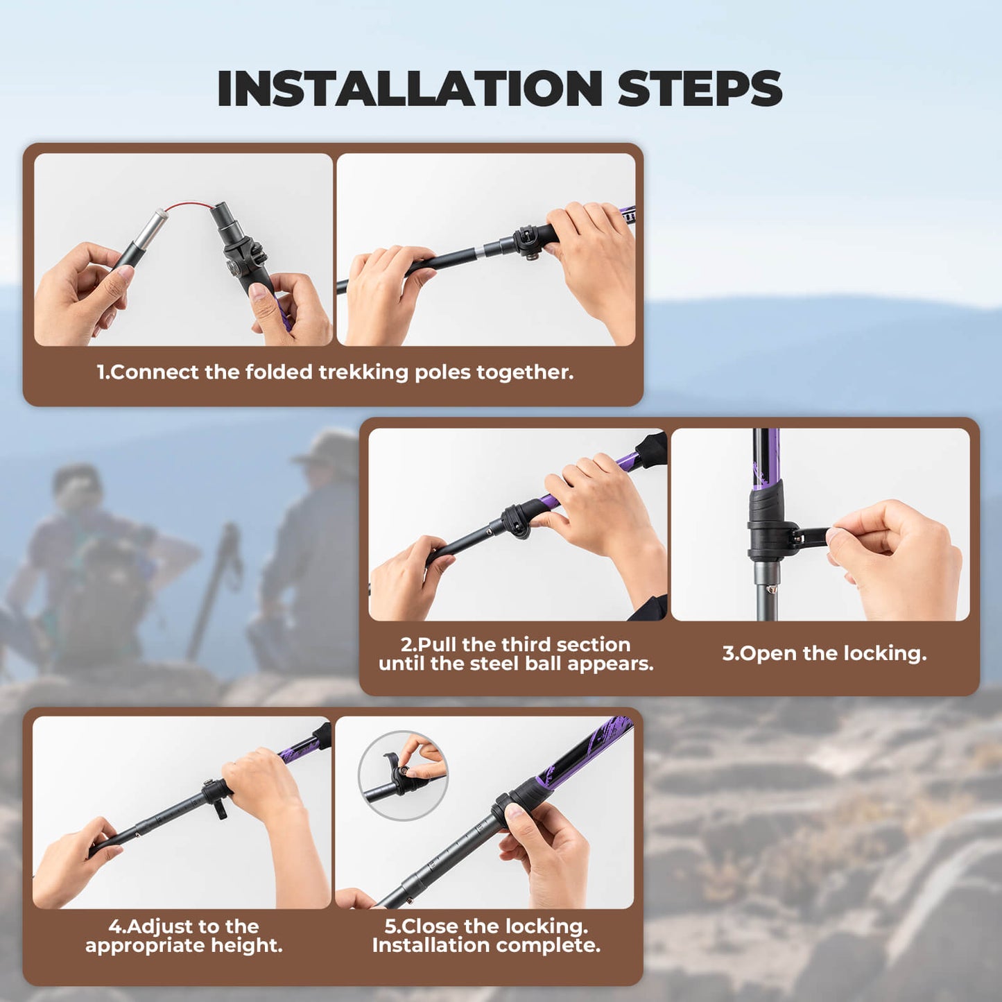 Qunature lightweight foldable trekking poles adjustable from 110 to 130cm, ideal for hiking, walking, and mountain adventures.
