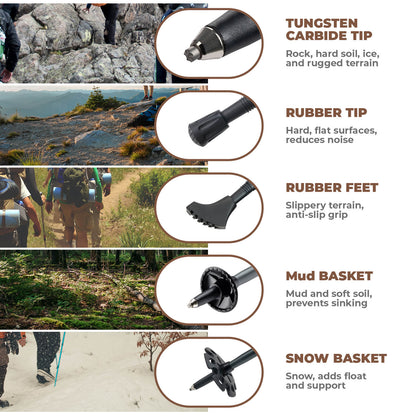 Qunature lightweight foldable trekking poles adjustable from 110 to 130cm, ideal for hiking, walking, and mountain adventures.