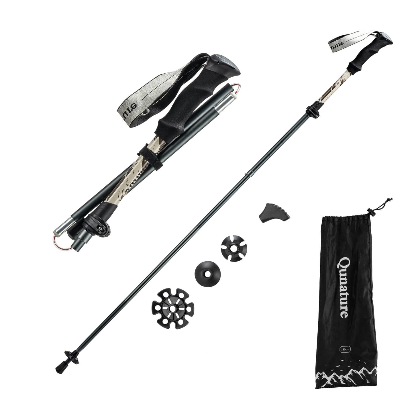 Qunature lightweight foldable trekking poles adjustable from 110 to 130cm, ideal for hiking, walking, and mountain adventures. #Color_Brown
