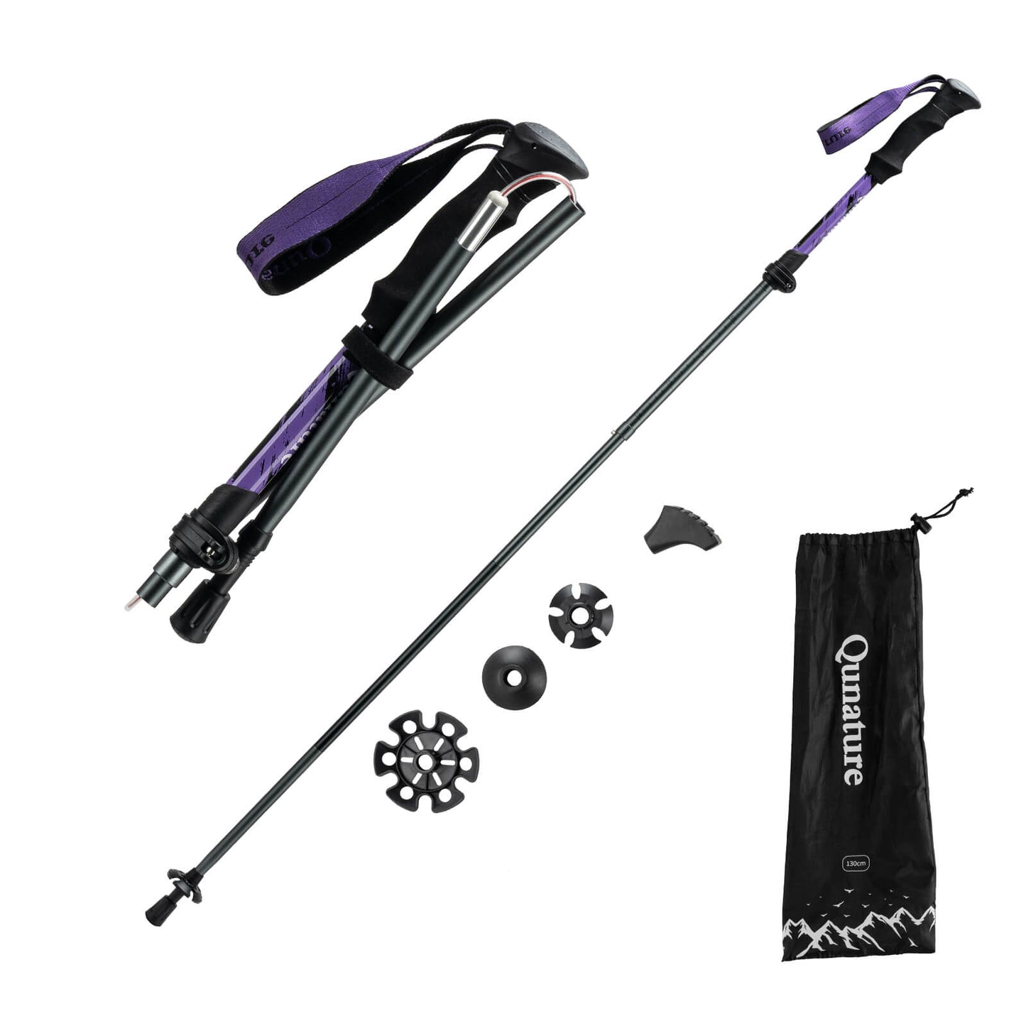 Qunature lightweight foldable trekking poles adjustable from 110 to 130cm, ideal for hiking, walking, and mountain adventures. #Color_Purple