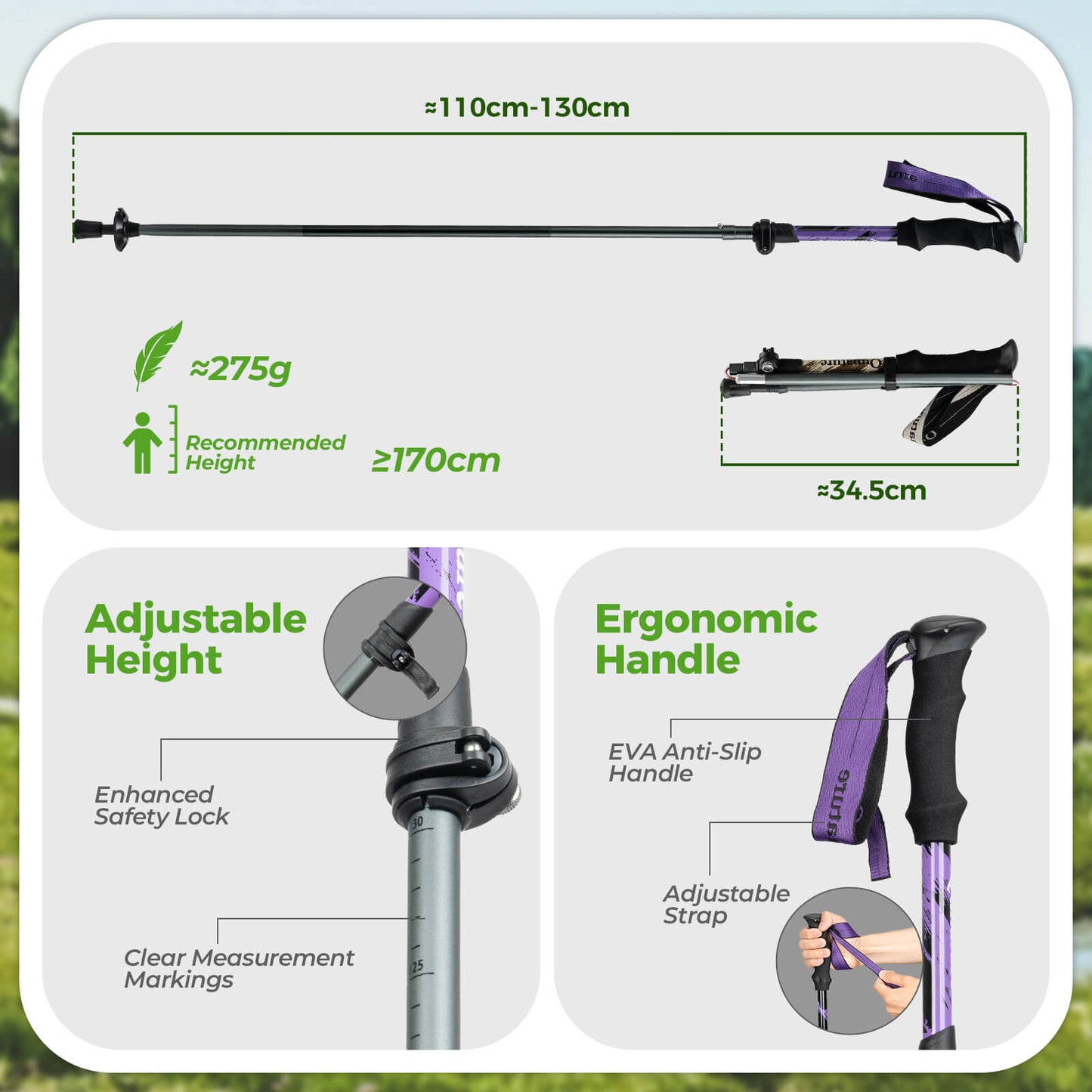 Qunature lightweight foldable trekking poles adjustable from 110 to 130cm, ideal for hiking, walking, and mountain adventures. #Color_Purple