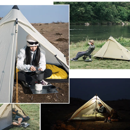 Collage of a person camping with a tent in various settings.
