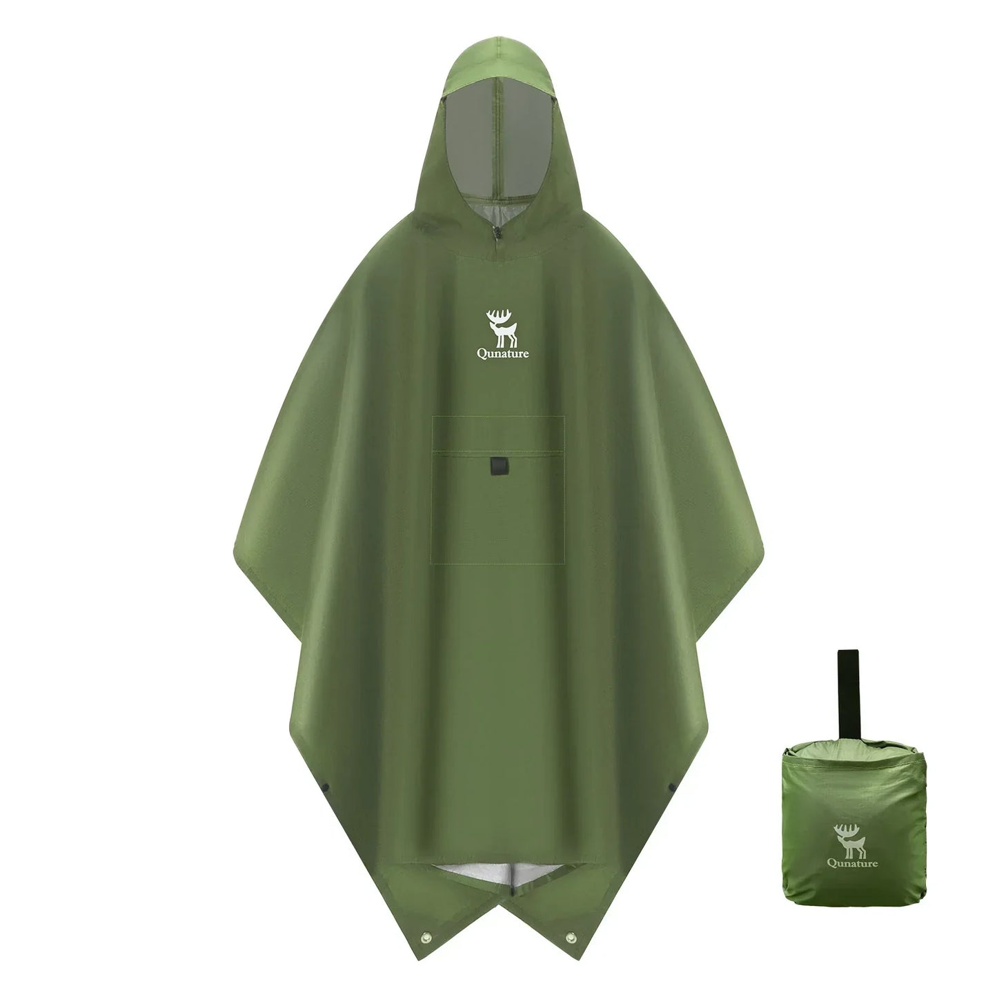 Green rain poncho with a compacted version on a white background