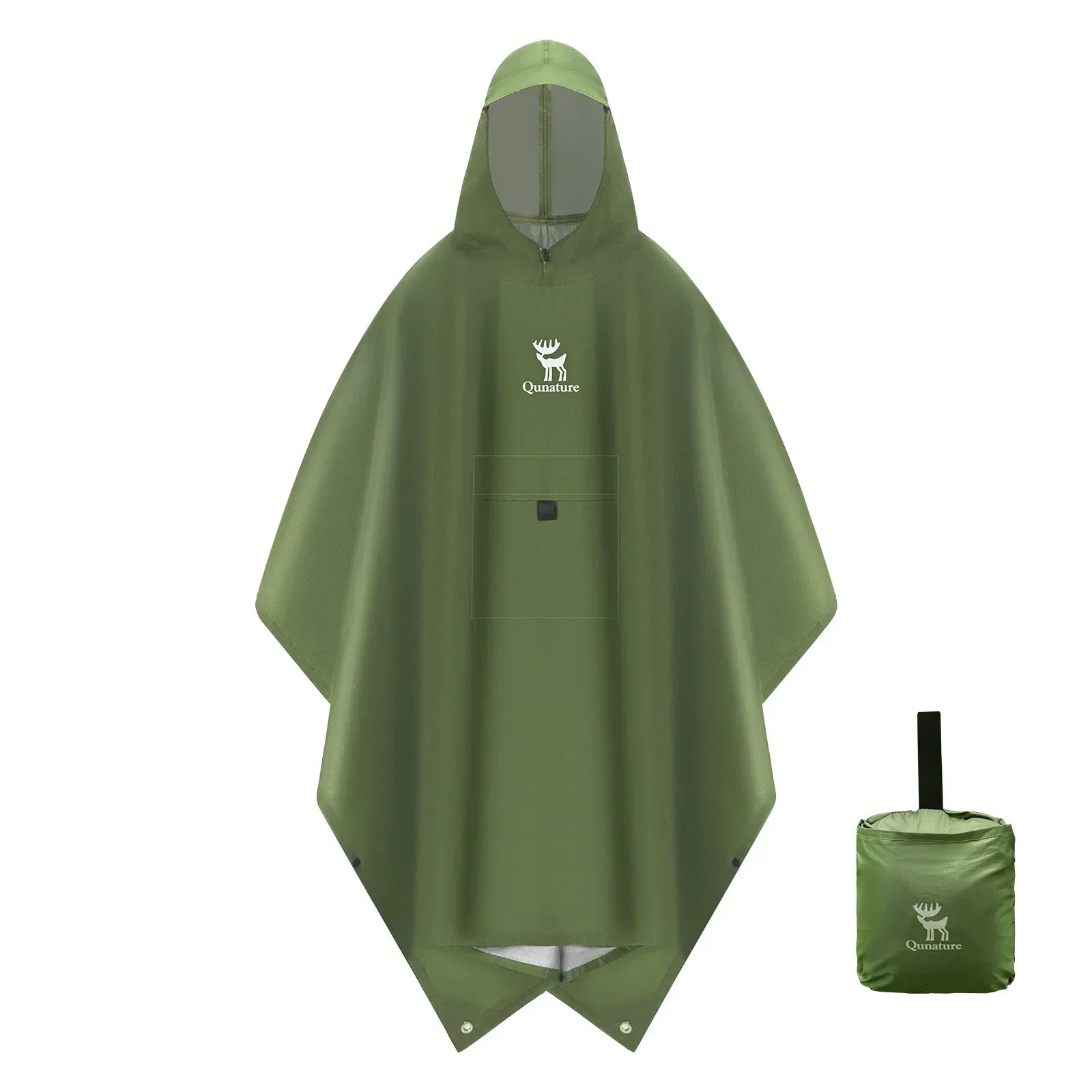 Green rain poncho with a compacted version on a white background