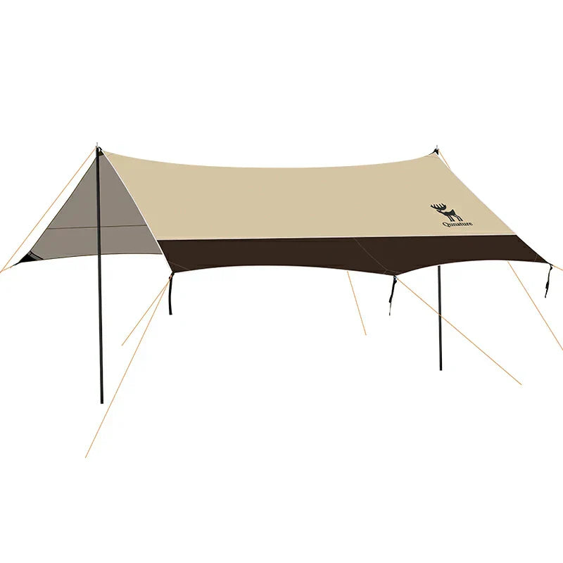 A beige and brown 3-in-1 waterproof canopy floor mat set up outdoors, designed for sun and rain protection.#color_Khaki