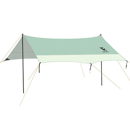 A beige and brown 3-in-1 waterproof canopy floor mat set up outdoors, designed for sun and rain protection.