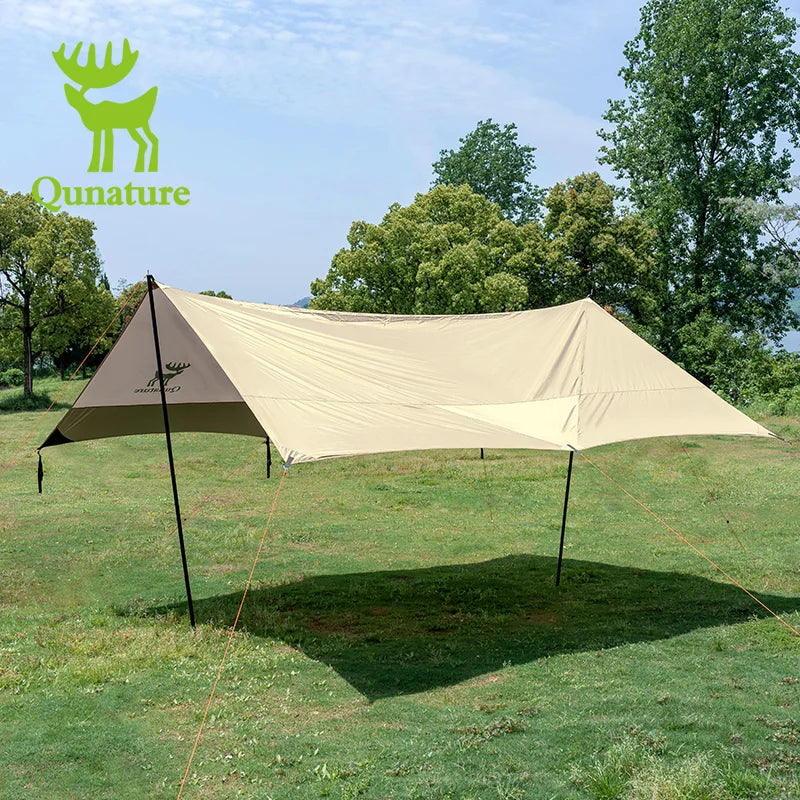 A beige and brown 3-in-1 waterproof canopy floor mat set up outdoors, designed for sun and rain protection.#color_Khaki