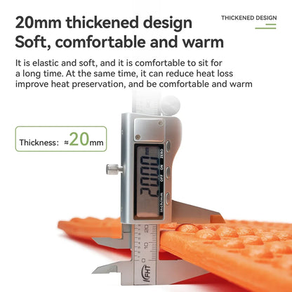 Digital caliper measuring a thick orange material with text about thickness and comfort.