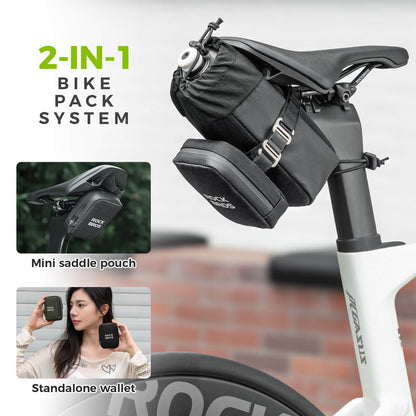 rockbros 2-in-1 black saddle bag with built-in bottle cage, 1.5 l waterproof pu shell and reflective trim