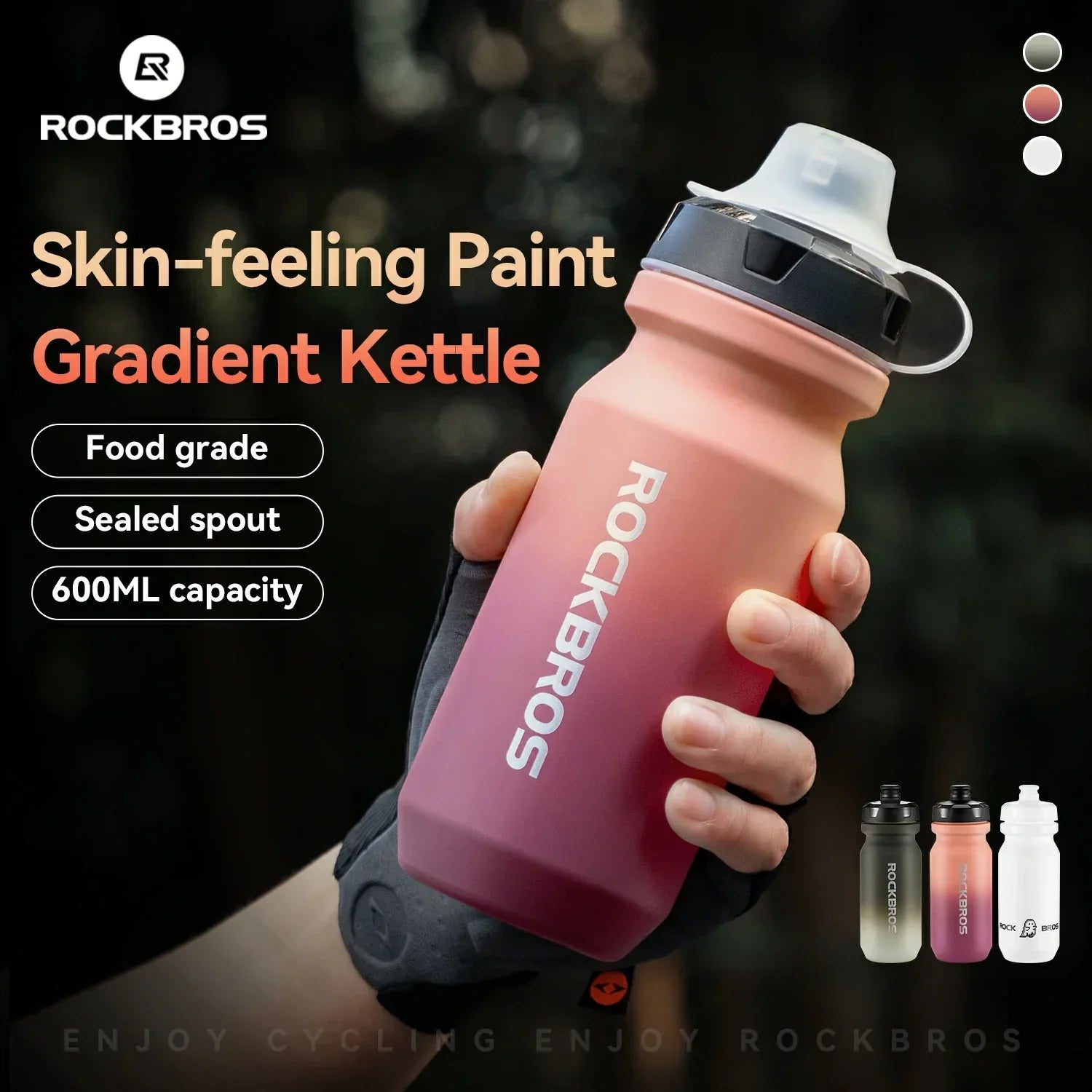 ROCKBROS lightweight bike bottle with pull-top lid, available in 600ml and 750ml sizes, designed for easy hydration during cycling. #Color_Gradient Red