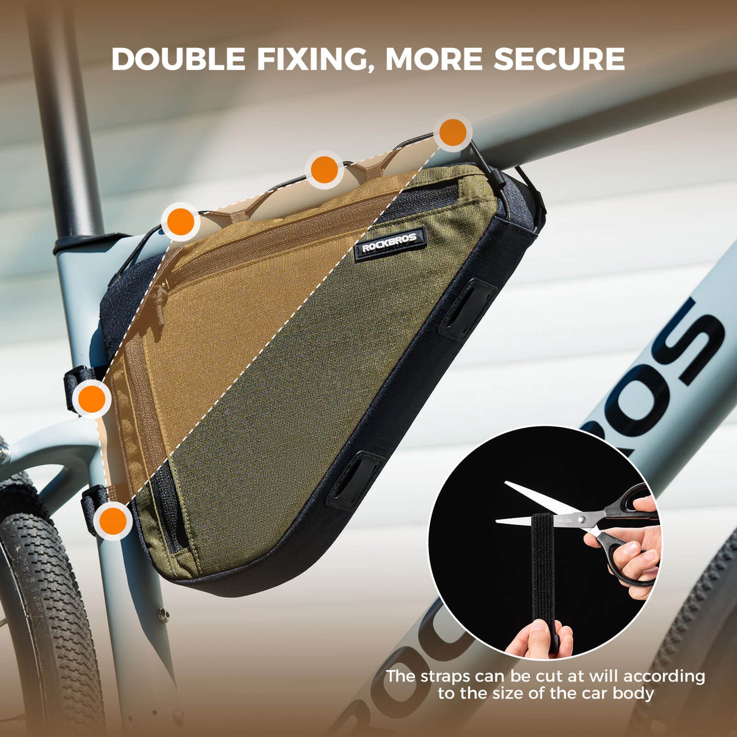 ROCKBROS 1.5L bike frame triangle bag B128, compact and durable design for convenient storage of essentials during cycling trips.