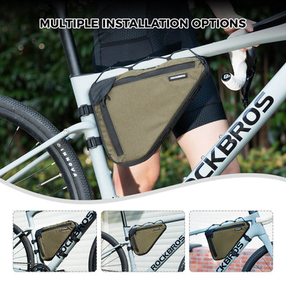 ROCKBROS 1.5L bike frame triangle bag B128, compact and durable design for convenient storage of essentials during cycling trips.