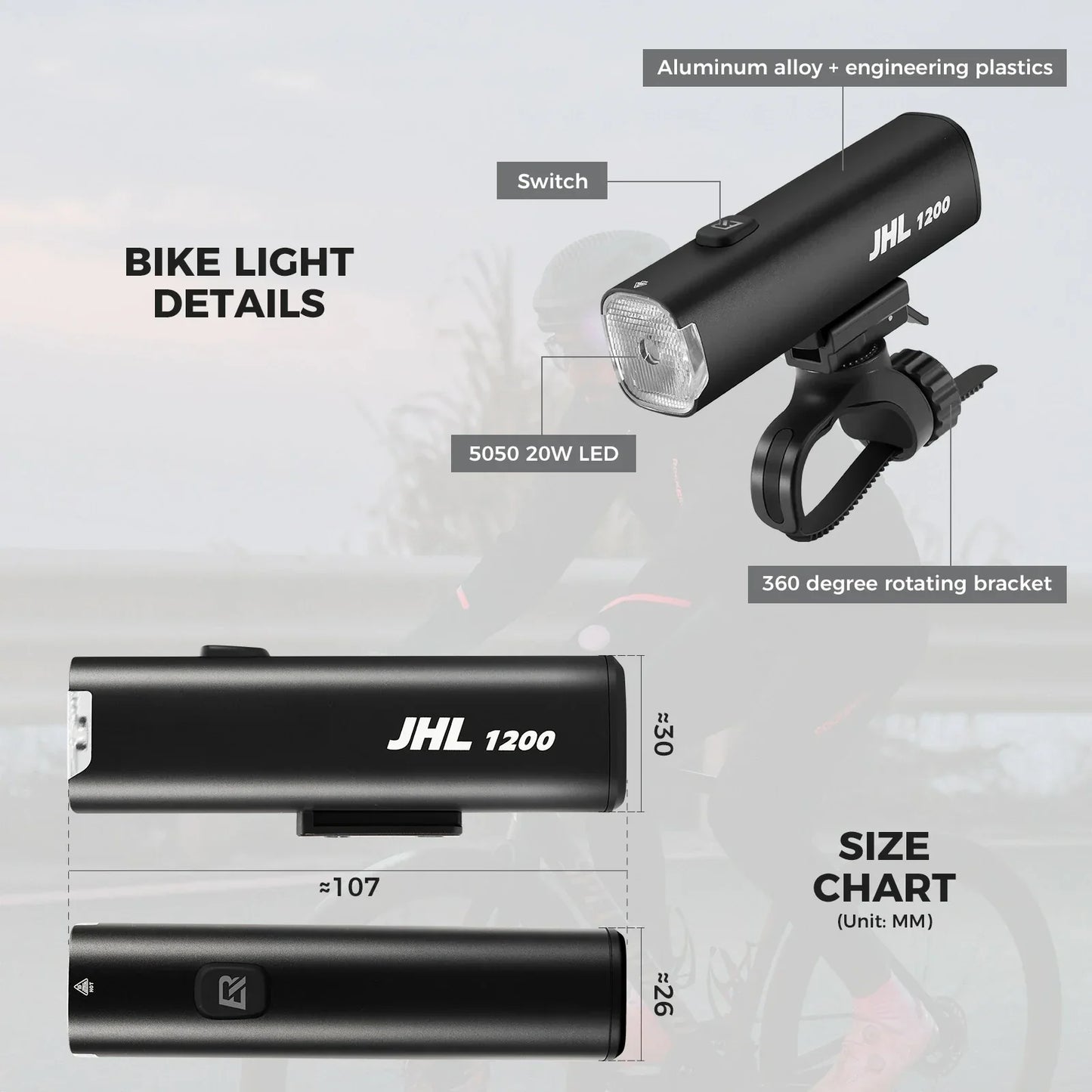 rockbros bike headlight 1200lm 5000mah type-c rechargeable front light for cycling