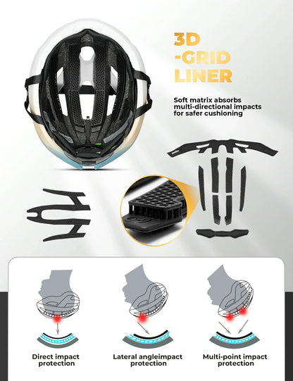 ROCKBROS cycling helmet LK-69 with bionic support structure, offering enhanced impact protection, comfort, and aerodynamic performance for road cycling. #Color_Multi-White Yellow Blue (Glossy)