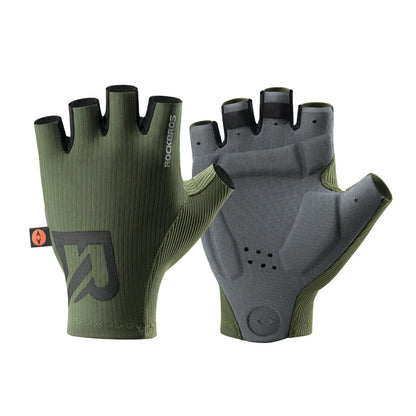 rockbros elastic interface half-finger cycling gloves with gel padding for comfort and control #Color_Army Green