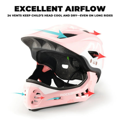 Pink rockbros kids full face helmet with detachable chin guard for safe cycling and outdoor sports#Color_Pink