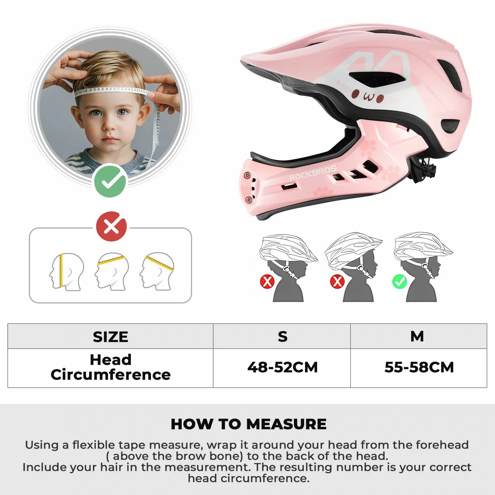 Pink helmet with size chart and measurement instructions#Color_Pink