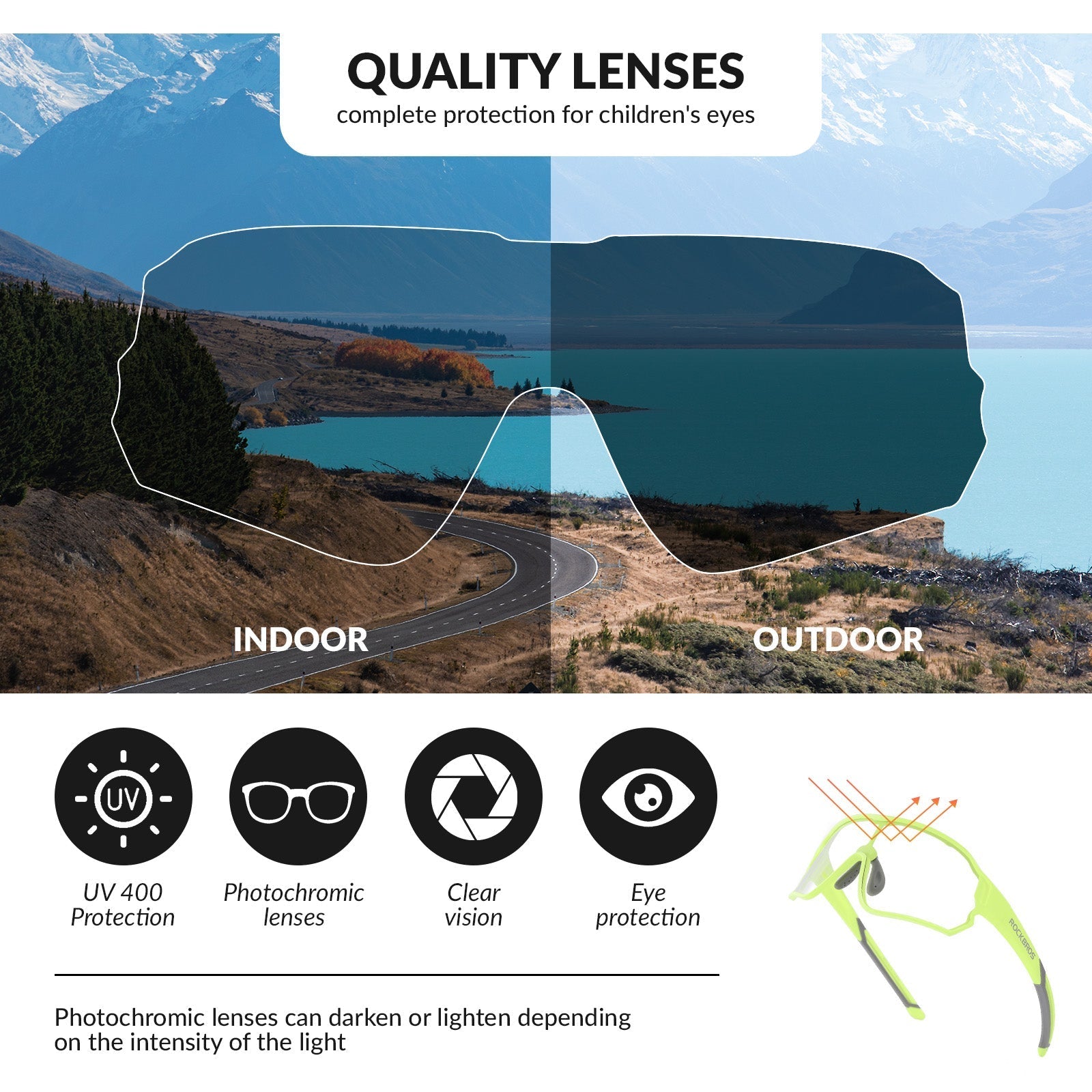 ROCKBROS Kids Photochromic Cycling Glasses UV400 Protection with TR90 Frame#Color_Lemon Green