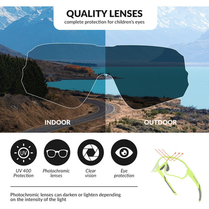 ROCKBROS Kids Photochromic Cycling Glasses UV400 Protection with TR90 Frame#Color_Lemon Green