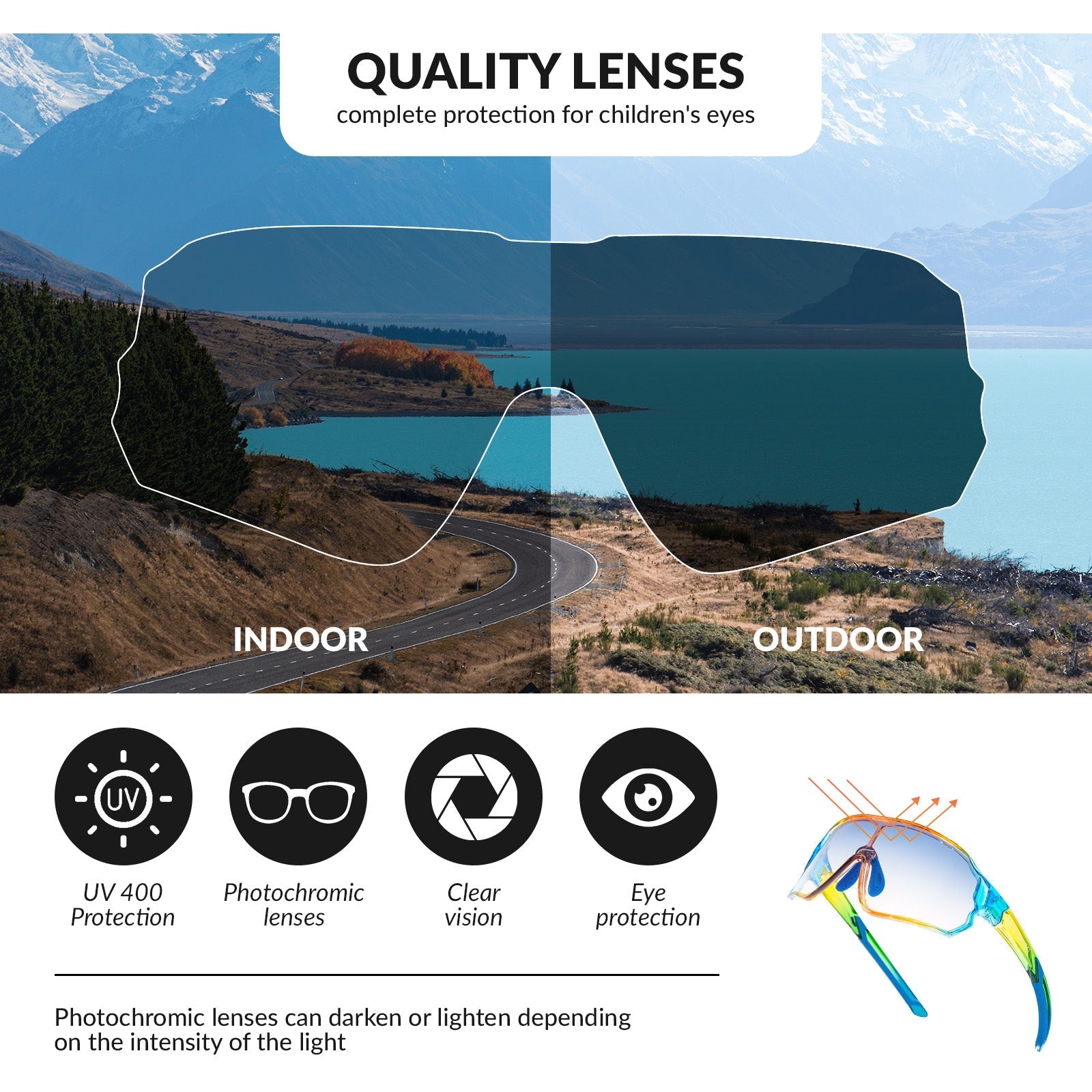ROCKBROS Kids Photochromic Cycling Glasses UV400 Protection with TR90 Frame#Color_Blue