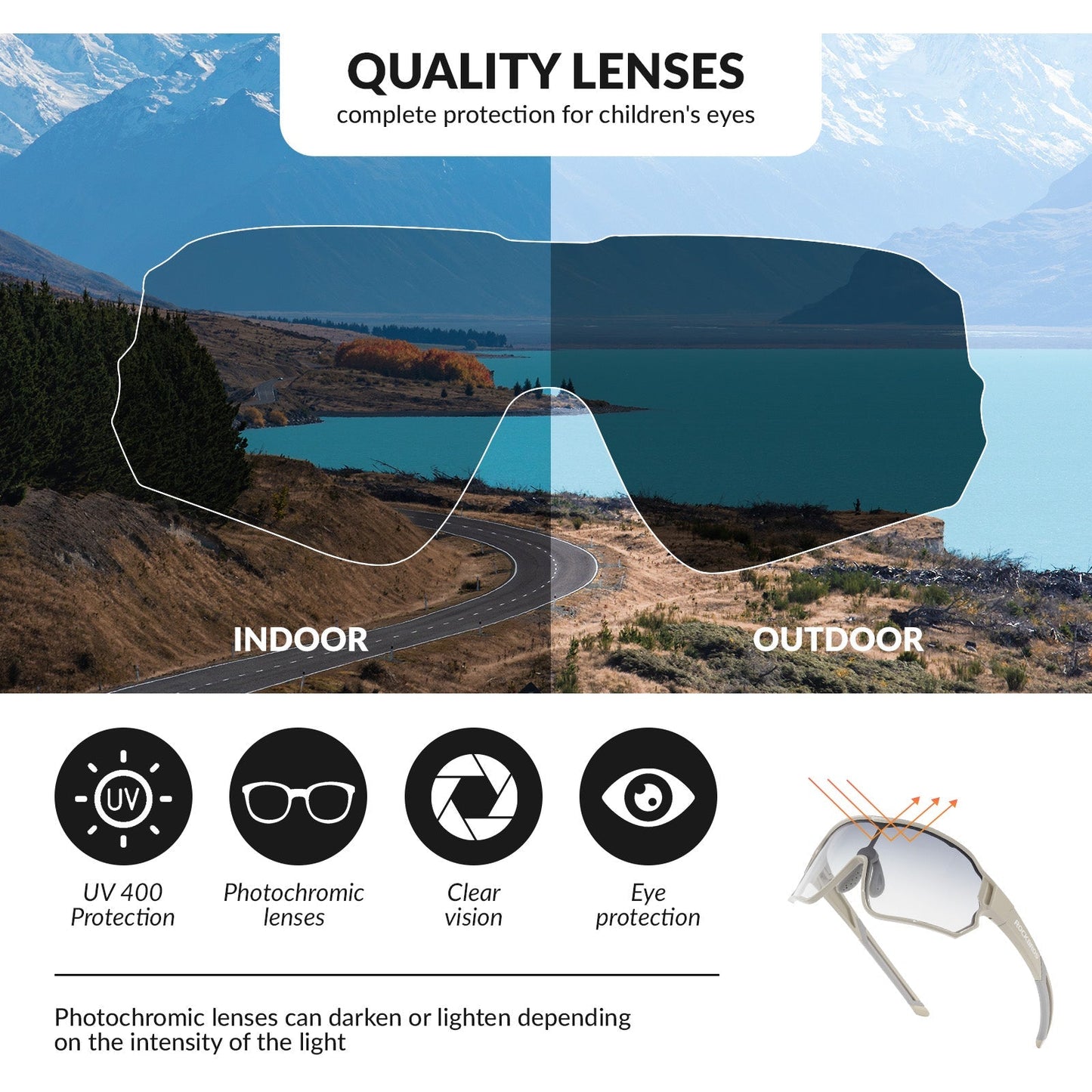 ROCKBROS Kids Photochromic Cycling Glasses UV400 Protection with TR90 Frame#Color_Gray