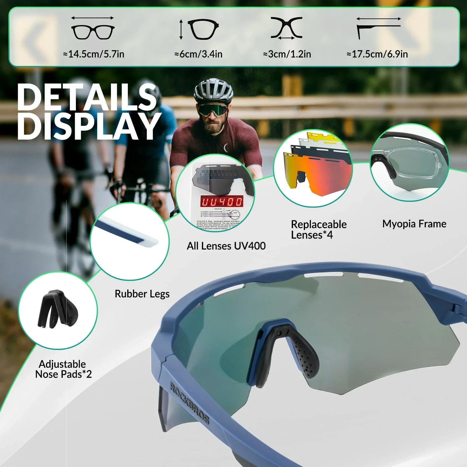 ROCKBROS Polarized Cycling Glasses with 4 Interchangeable Lenses #Color_Blue