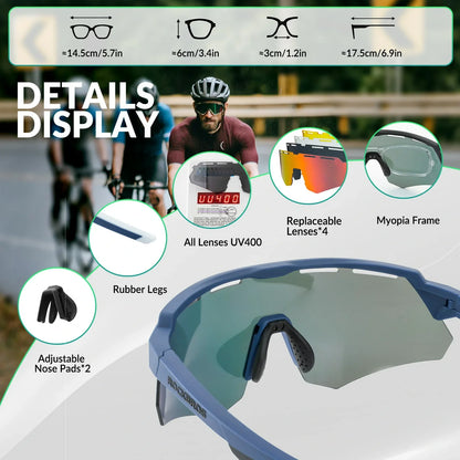ROCKBROS Polarized Cycling Glasses with 4 Interchangeable Lenses #Color_Blue