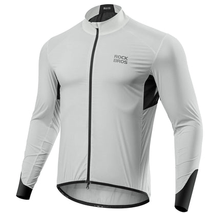 ROCKBROS ultra-light wind jacket, packable and breathable design ideal for wind protection during cycling and outdoor activities.