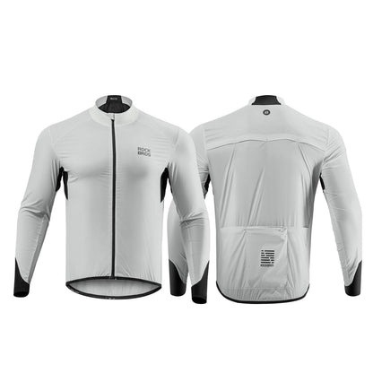 ROCKBROS ultra-light wind jacket, packable and breathable design ideal for wind protection during cycling and outdoor activities.