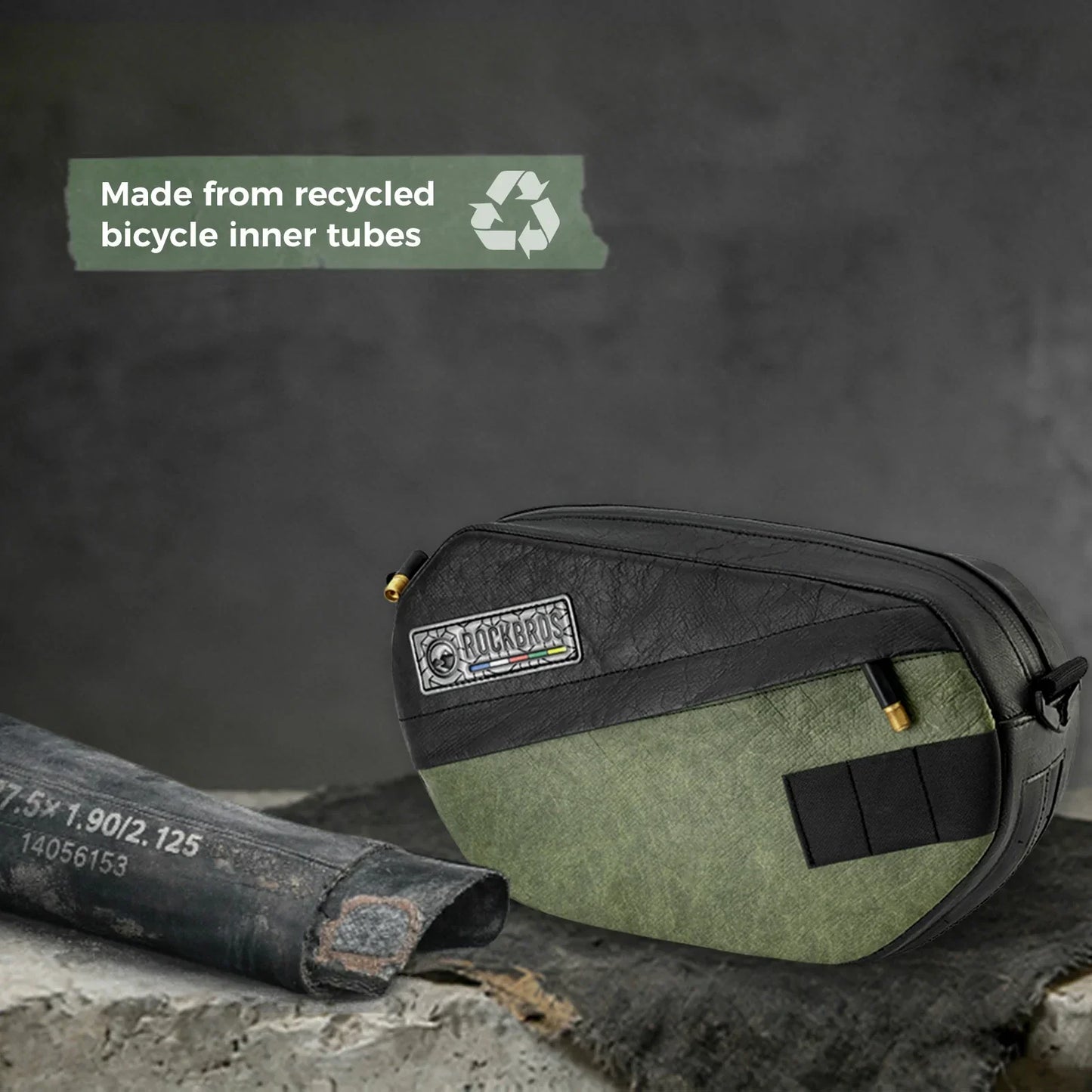 Sustainable eco-friendly recycled tire bike handlebar bag for cyclists