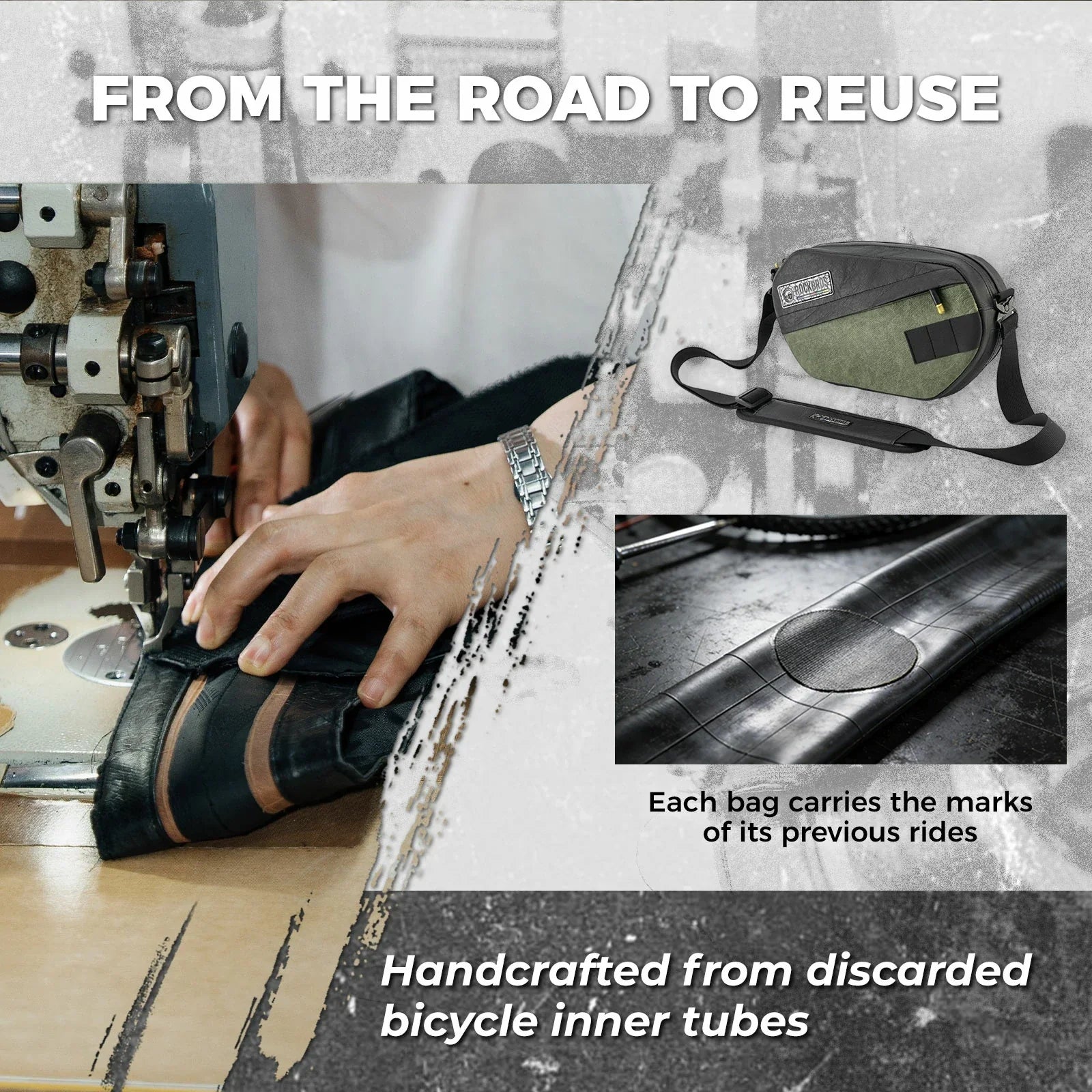 Sustainable eco-friendly recycled tire bike handlebar bag for cyclists