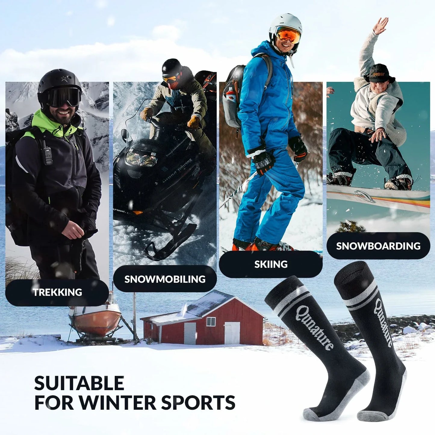 black thermal ski socks warm thick knee high winter snow socks#Color_Black