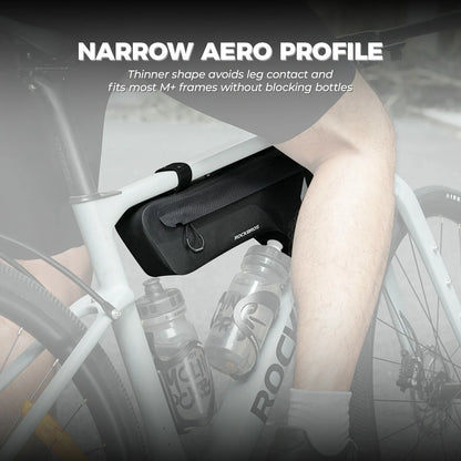 Black bike frame bag with brand logo on a white background