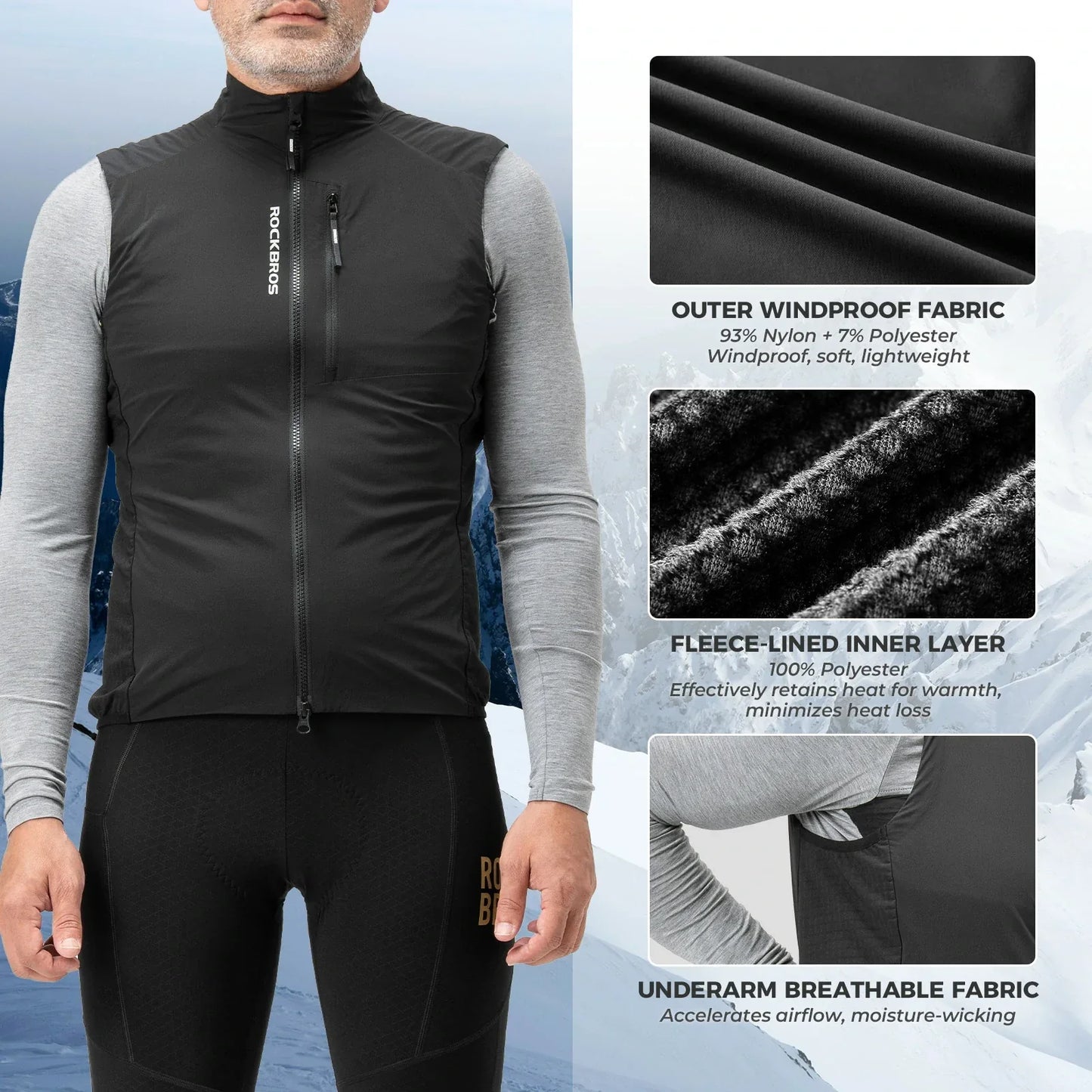 rockbros winter thermal cycling vest fleece lined windproof breathable bike gilet