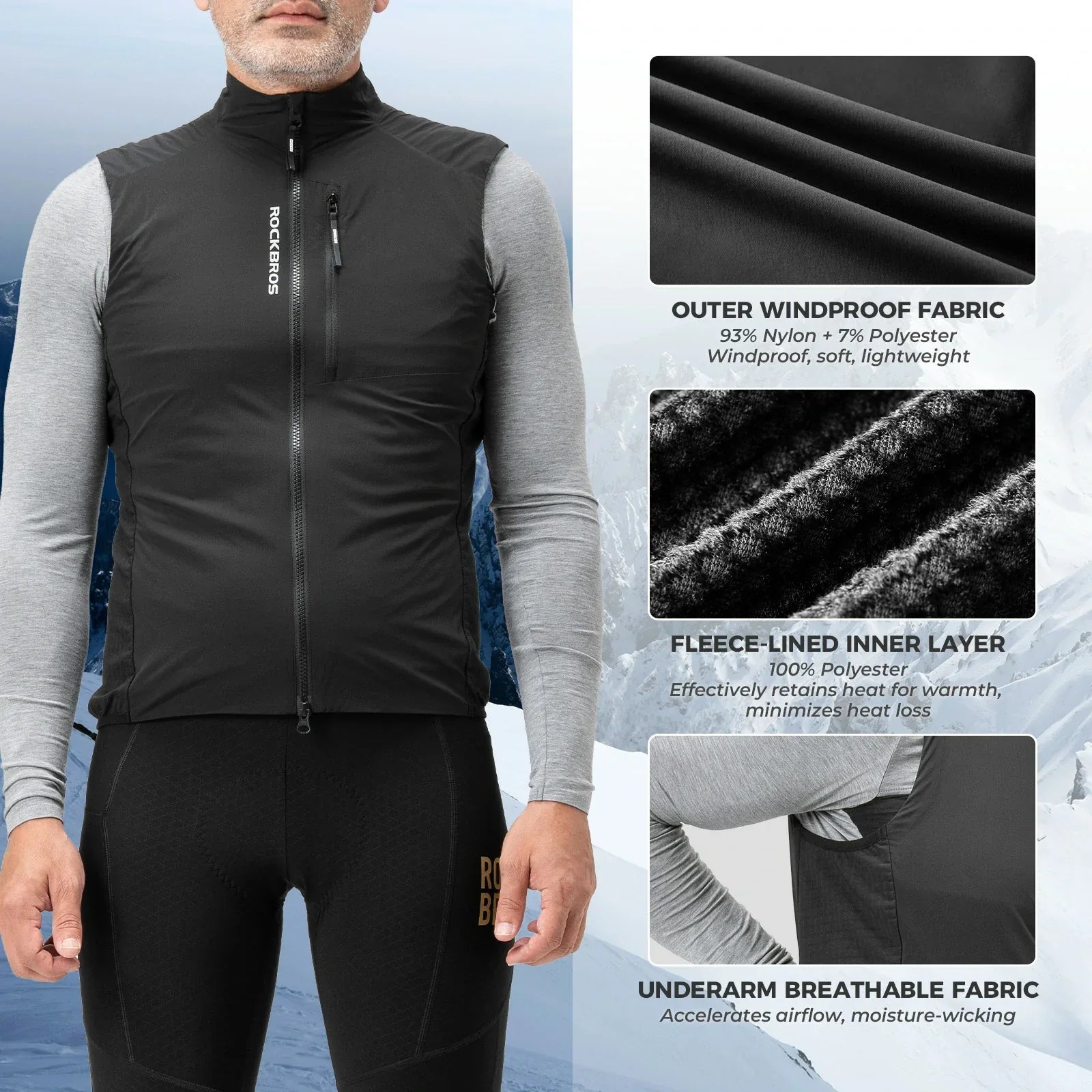 rockbros winter thermal cycling vest fleece lined windproof breathable bike gilet